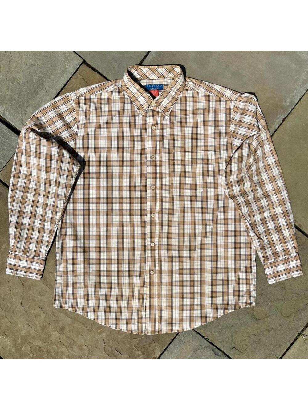 Vintage 80s Tan Brown Plaid Button Down Shirt
